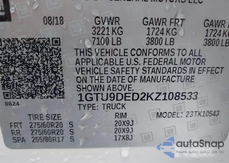 2019 GMC Sierra 1500 Slt z USA, uszkodzony, nr VIN 1GTU9DED2KZ108533